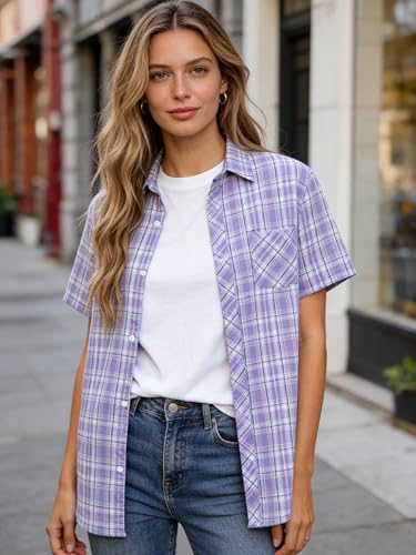 Image of SANGTREE Girls and Women Plaid Shirt Short Sleeve Button Down Summer Blouses Tops