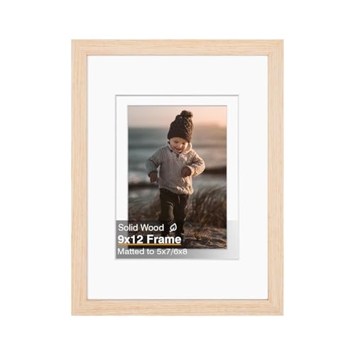 KINLINK 9x12 Picture Frames White Oak, Solid Wood Frames with Acrylic Plexiglass for Pictures 5x7/6x8 with Mat or 9x12 without Mat, Tabletop and Wall Mounting Display, Set of 1