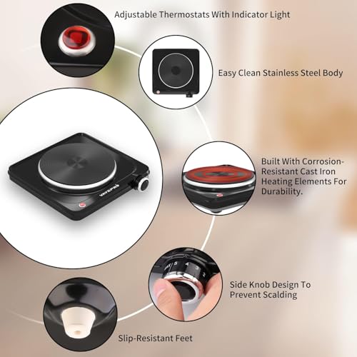 Image of Vayepro 1500W Hot Plate, Portable Electric Stove, Single Electirc Cooktop, Portable Burner for Cooking, Cooktop for Dorm Office Home Camp, UL Listed, Compatible with All Cookware