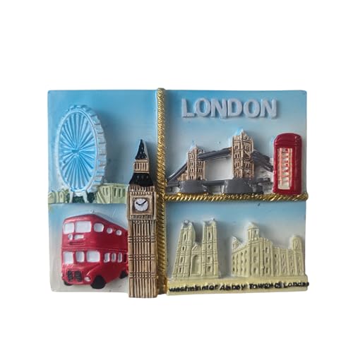 Aimant de réfrigérateur Royaume-Uni Londres UK Angleterre – Big Ben, London Eye, Bus et Tower Bridge – Aimant 3D souvenir – Décoration magnétique de...