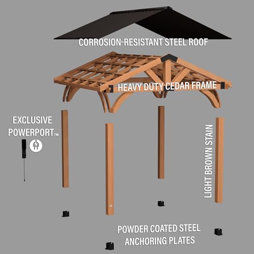 Backyard Discovery Arlington 12' x 12' Cedar Wood Outdoor Gazebo Pavilion with Hardtop Galvanized Steel Peak Roof, Snow Support, Wind Resistance, PowerPort, Shade for Garden, Patio, Deck, Entertaining - Image 9