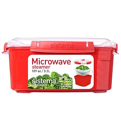 Sistema Kuchenka mikrofalowa do gotowania na parze ze zdejmowanym koszem do gotowania na parze, duży, 3,2 l, czerwony/przezroczysty