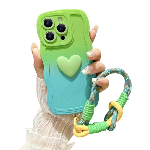 Tcaraersing for iPhone 14 Pro Max Gradient Wavy Case with Wrist Strap Lanyard Cute Love Heart Curly Wave Frame Design Solid Color Soft Silicone Shockproof Cover for Girls Women 6.7 inch, Green/Blue -  SJ0086-14PM-ME