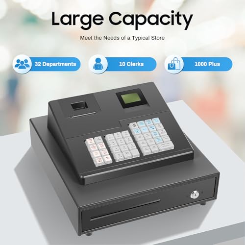 Image of 39 Keys Electronic Cash Register, Thermal Dept Cash Register with 9 Slots and 2 Keys for Supermarkets, Clothing Stores 10 Clerks Cash Box Size 12.8 x 10 x 3.7 Inch Black