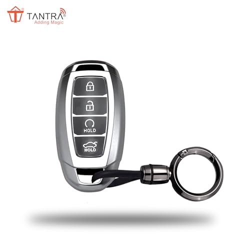 Image of SIAGO TPU Key Cover and Round Keychain Compatible for Hyundai Verna 2023 Car 4 Button Smart Key (Grey)