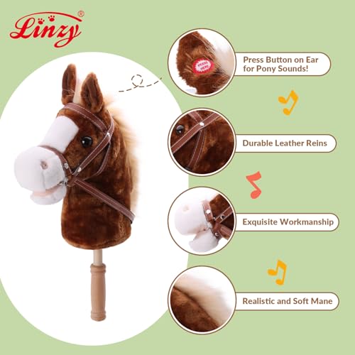 Linzy Toys 35.5\" Plush Stick Horse - Funny Hobby Horse with Pony Sound, Soft Realistic Mane & Durable Leather Reins, Pretend Play Riding Toy for Boys & Girls Ages 3+ (Brown)