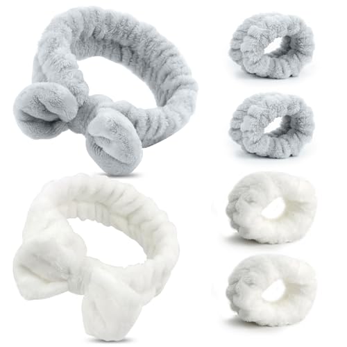 Lote de 6 Muñequeras Skincare y Diadema Maquillaje,Juego de Diademas Faciales y Muñequeras,Absorbentes Muñequeras Toalla,Diadema Lavarse Cara,Diadema de Maquillaje,Elásticas Diadema para lavarse cara