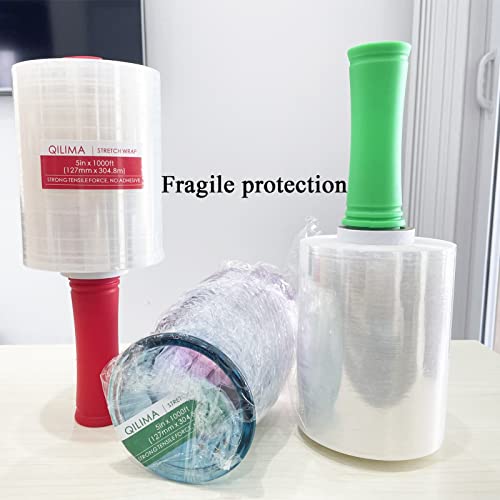 QILIMA Mini Clear Industrial Stretch Wrap Film, 80 Gauge Thick Cling Plastic Wrap for Moving, Pallet Wrap - Self Adhering Packaging Heavy Duty Shrink Film, 5\" x 1000ft 4 Pack with Handle
