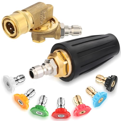 Twinkle Star Pressure Washer Tips Turbo Nozzle, 4000 PSI Max, 360°Rotating Spray Turbo, 7 Spray Nozzles, Gutter Cleaner 240° Pivoting Coupler, 1/4”Quick Connect, 7 Angles for Cleaning Brick, Concrete