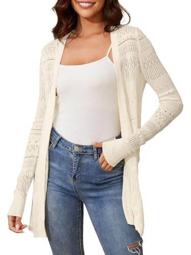Spicy Sandia Womens Lightweight Crochet Cardigan Long Sleeve Boho Summer Sweater Beach Vacation Trendy Outfit Cream L