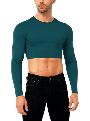 Riismen Herren Crop Top Langarm Shirts Muskel Bodybuilding Cropped Oberteil Kurz Unterhemden Joga Shirt Gym Workout Outfit Marineblau L