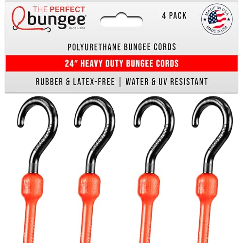 The Perfect Bungee 24 Inch Heavy Duty Bungee Cords, All Weather, All Temp, All Season - 4 Pack, Red - Made in The USA - Stretches Two Times Original Length