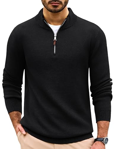 Cotrasen Sweaters for Men Cotton Knit Quarter Zip Pullover Business Casual Classic Long Sleeve Mock Neck Dress Sweater Black L
