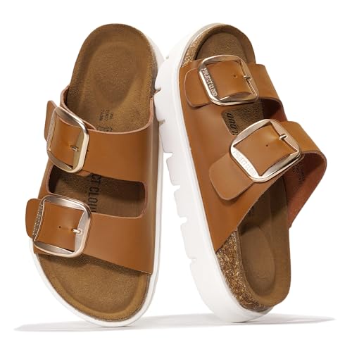 Image of Project Cloud 100% Genuine Leather Platform Sandals Women Footwear - Wedge Chunky Slides for Women 2026 with Memory Foam Insole & Cork Footbed Womens Sandals (GreeceChunky)