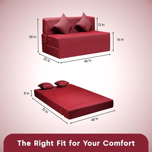 Image of Amazon Brand - Solimo 2 Seater 4 * 6 Jute Fabric Washable Cover Sofa Cum Bed with 2 Cushion 2 Seater Double Foam Fold Out Sofa Cum Bed (Finish Color - Maroon Delivery Condition - Pre-Assembled)