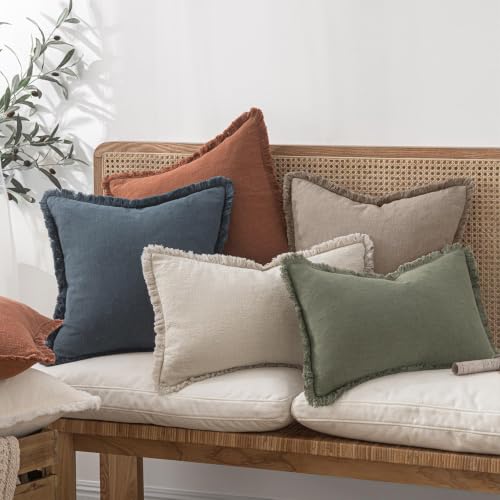 Image of MIULEE Linen Fringe Decorative Fall Lumbar Throw Pillow Covers Dune 12x20