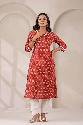 Image of Ichaa Women's Pure Cotton A-Line Ethnic V-Neck Kurta with 3 /4th Sleeve for Daily and Office Wear, in Plus Sizes
