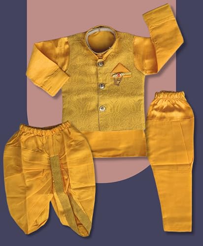 Image of Little Kids Ethnic Wear Kurta Pyjama and Waistcoat Set For Boys | Stylish Ethnic Wear | 3-piece set | Silk and Cotton Blend Fabric