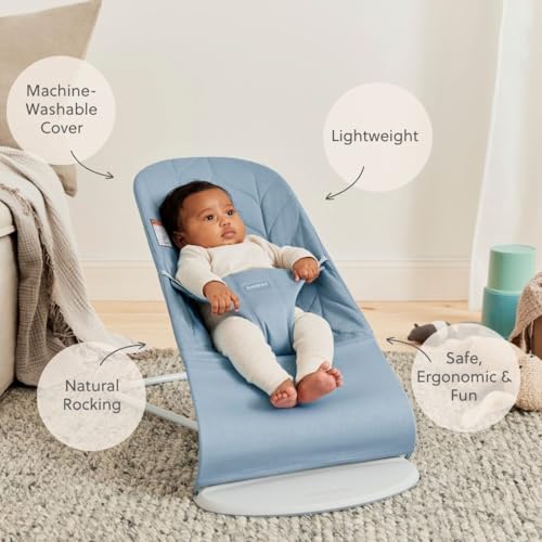 Image of BabyBjorn Bouncer Bliss, Blue, Woven, Petal Quilt | 2-in-1 Adjustable Baby Bouncer Seat and Toddler Chair, Newborn to Toddler (8-29 lbs), 4 Positions, Lightweight & Portable