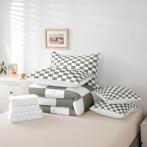 Image of Erosebridal White Sage Green Checkered King Bedding Set 7 Piece Buffalo Plaid Grid Comforter Set with Sheets for Kids Adults Men Women Checkerboard Bed in A Bag Aesthetics Gingham Bed Set