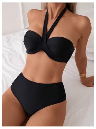 MakeMeChic Women's Bikini Sets Criss Cross Ruched Halter High Waisted Bathing Suit3