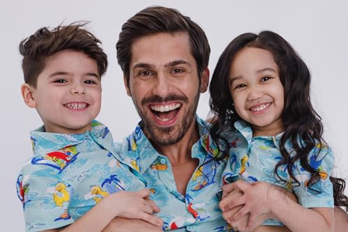 Image of Sesame Street Big Bird Cookie Monster Elmo Oscar the Grouch Matching Family Hawaiian Button Down Shirt Infant to Little Kid