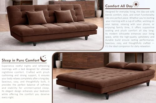Image of Rosebell Modern Three-Seater Sofa Cum Bed Foldable Velevt Fabric Sofa Stylish Design for Living Room, Guest Room & Office-Brown