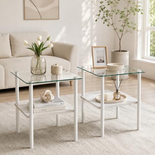 Image of Glass Side Table Set of 2, 16.3'' Small End Table, Square Sofa Side Table with Tempered Glass Top and Metal Legs, Minimalist Accent Table for Living Room, Bedroom, Easy Assembly