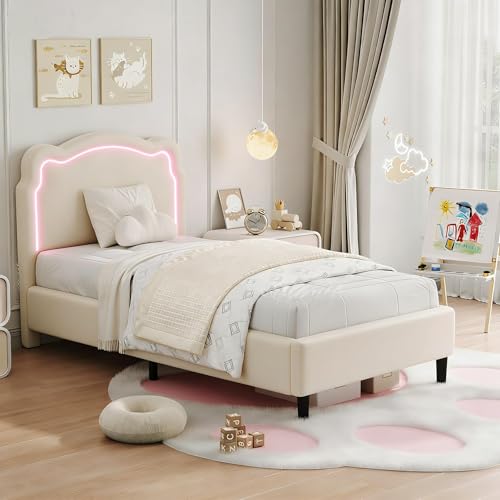 Image of GarveeHome Twin Upholstered Smart LED Bed Frame with Headboard, Velvet Princess Platform Bed Frame for Kids, Wooden Slats Support, No Box Spring Needed (Off-White)