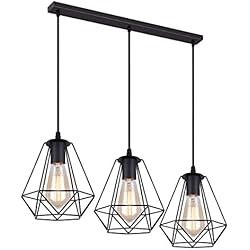 Lamparas Colgantes Barra Cocina iDEGU 3 lámparas de suspensión vintage, 20 cm, lámpara colgante de metal, lámpara en forma de jaula con soporte de barra, negro (3 luces – 50 cm)