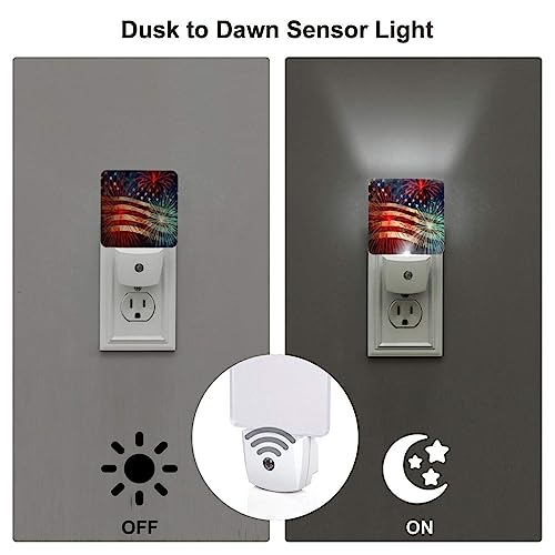 Image of Fireworks US Flag Night Light Set of 2, Auto Sensor LED Dusk-to-Dawn Nightlights, Plug-in Sensor Lamp for Bedroom Bathroom Kitchen Hallway Stairs Decorative
