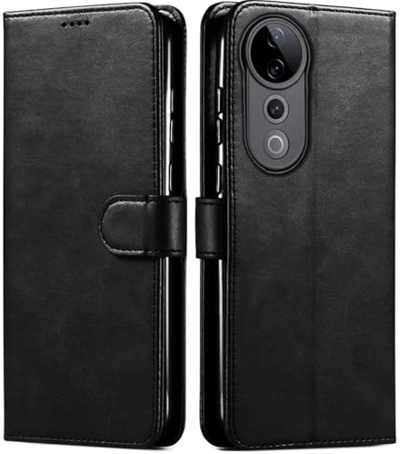 Image of Vintage Magnatic Closer Matte Leather Flip Cover Compatible Model for Vivo V2347 / V40Pro 5G - Black