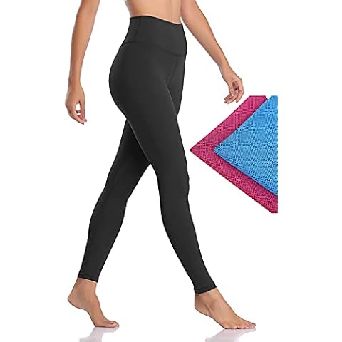 beusily Yoga Pants for Women,Workout Running Leggings High Waisted Sports Trousers ＋2 Packs Cooling Towel(40"×12") Black Cover
