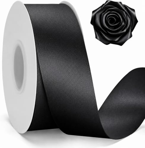 KINGLAKE Black Satin Ribbon - 1-1/2 Inch x 2 Rolls Black Ribbon for Gift Wrapping 100 Yards Black Silk Ribbons for Roses Making Bouquet Crafts Wedding Bridal Shower Birthday Graduation Halloween Decor