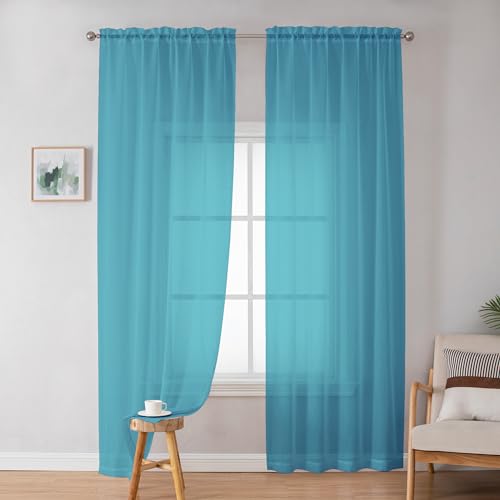 Image of Simplebrand Turquoise Sheer Curtains 72 Inches Long 2 Panels for Living Room, Rod Pockets Airy Window Treatments Voile Sheer Curtains Panels Lightweight for Front Back Patio Glass Door, 42 inch Width