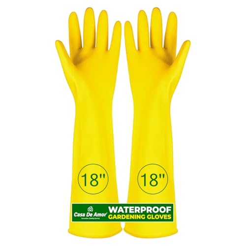 Image of Casa De Amor 18 Inch Long Heavy Duty Latex Rubber Gardening Gloves - Waterproof & Reusable Garden Gloves for Home, Farming, Agriculture & Dairy Use - 0.55mm Thick, Yellow (1 Pair)