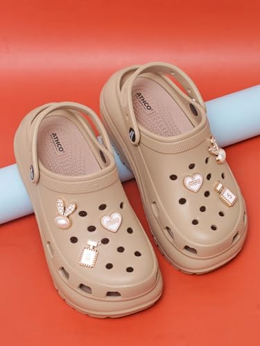 Image of ATHCO Roxxie Clogs For Women's|Girl's| Dual-Color Soft EVA Cushioned With Massage Footbed|Easy Wear with Adjustable Back Strap|Lightweight Platform Heels|Flexible|Breathable|Extra Soft Comfortable Anti-Skid Casual Mule|All-Season|Summer|Monsoon|Rain|Winter|Waterproof|Casual Slip-On Sandal with Cute Charms & Chunky Design|Indoor & Outdoor Wear|Trendy|Fashionable|Stylish|Shoes