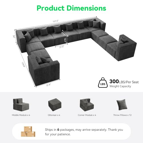 Image of MONVANE Oversized Boneless Sectional Couches for Living Room, 12-Seat Cloud Couch, Modular Sofa with Ottoman & 12 Throw Pillows, Comfy Chenille, No Assembly Required, Gray