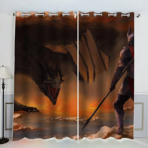 Rideaux Chevalier et Dragon Couleur Mythique Rideau Occultant Chambre Fille Garcon Rideaux Chambre Ado Isolation Thermique et Réduction du Bruit Rideaux Fenetre Décor Intérieur 2 Pièces 91.5x214 cm