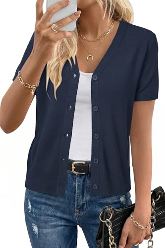 Image of Arach&Cloz Women's Wool Blend Short Sleeve Lightweight Cardigan Business Casual Summer Sweaters Tops