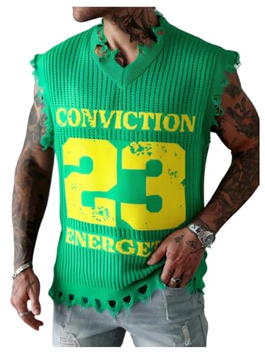 BEAUDRM Men's Letter Graphic Sweater Vest Y2k Ripped V Neck Sleeveless Knit Tops Green Medium
