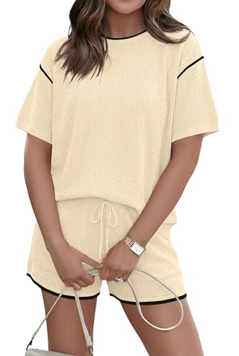 Ekouaer Womens Knit 2 Piece Short Sets Summer Short Sleeve Lounge Sets for Women Oversized Mtching Sets Women Clothing 2026 White Large