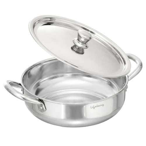 Image of Lifelong Stainless Steel Kadhai with Lid | 22 Cm, 2.2L | Induction Bottom, Riveted Handle, Durable Build, Even Heating, Scratch-Free, Dishwasher Safe | Ideal for Curries, Gravies & Deep Frying