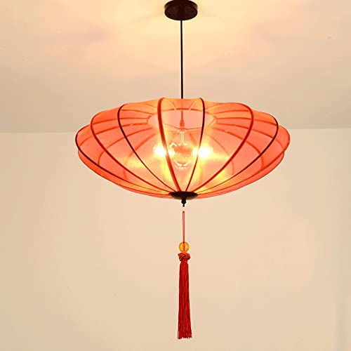 Lustre Feng Shui avec abat-jour en tissu et suspension lanterne en fer art E27