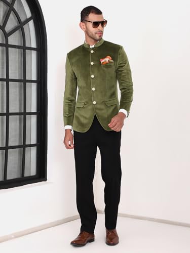 Image of MANQ Men Slim Fit Bandhgala Velvet Blazer - Mandarin Collar, Button Closure, Long Sleeves, Solid Ethnic Winter Wear with Three Pockets for Adults