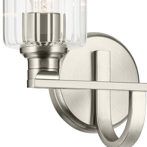 Image of Kichler Gioe 14.25 inch 2-Light Bathroom Vanity Light Fixture with Clear Fluted Glass in Brushed Nickel, Damp Rated for Bathroom Over Mirror (14.25 inch W x 10.5 inch H), 55225NIFLU