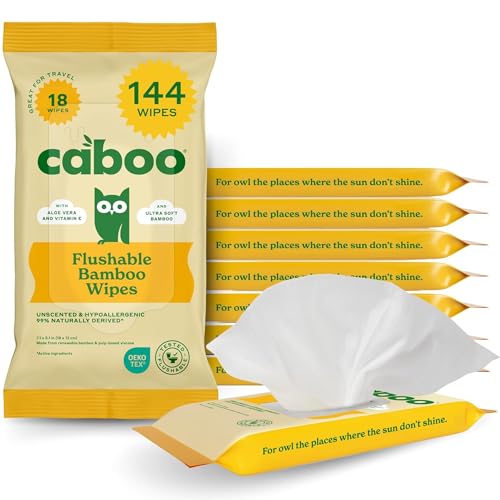 Caboo Tree Free Flushable Wipes Travel Wipe Certified Flushable Septic Safe Biodegradable Wipe for Adults Pack of 8 Total of 144 Travel Toilet Wipes