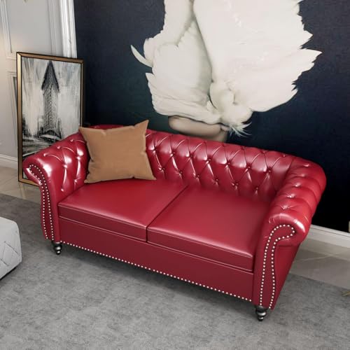 Image of WOODEN WORLD Modern & Classic Leather Sofa Set - Luxurious Comfort, Stylish Design, and Durable Build (Red, 3+2+1 Seater)