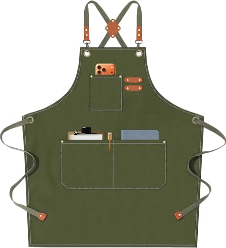 AFUN Chef Aprons for Men Women with Oversized Pockets 16-Ounce Cotton Canvas Cross Back Heavy Duty Work Apron (Army Green)