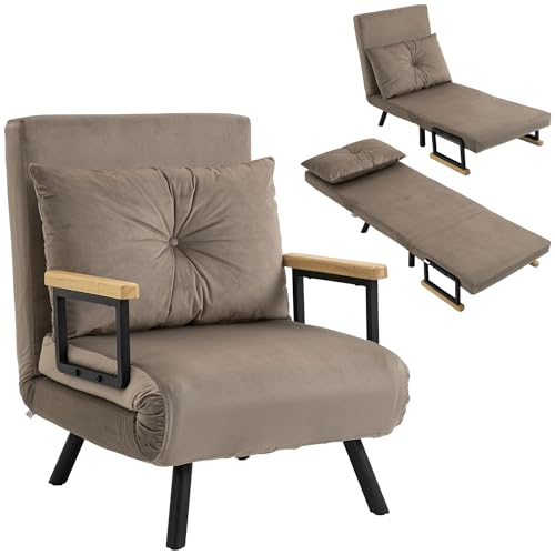 HOMCOM Fauteuil Convertible 1 Place, Fauteuil-lit chauffeuse 3 en 1 avec Dossier réglable 5 Positions, Oreiller, siège rembourré, Tissu Aspect Velours, canapé-lit...